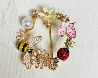 Round Spring Bee and Butterfly Enamel and Rhinestone Brooch - Bee Pin - Bee Badge - ideal gift for Christmas, birthday, animal lover