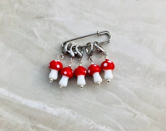 Toadstool Glass Lampwork Bead Stitch Markers, stitch markers, knitting supplies, progress markers, progress keepers, craft supplies, crochet