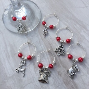 Christmas wine glass charms, set of 6 table decor, festive charms, gift for wine lover, party accessories image 1