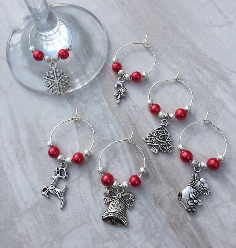 Christmas wine glass charms, set of 6 table decor, festive charms, gift for wine lover, party accessories image 1