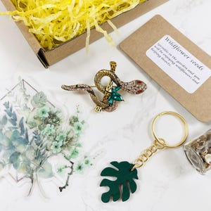 Jewelled Snake Brooch Gift Box Set - Self Care Letterbox Gift, Flower Birthday Gifts for Women, Nature Lover Hamper, Themed Accessories