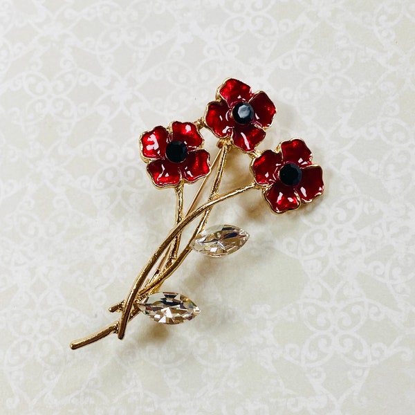 Red Poppy Enamel and Rhinestone Brooch - Poppy Pin - Poppy Badge - ideal gift for Christmas, birthday, flower lover