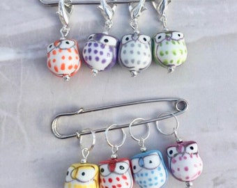 Porcelain Owl Bead Stitch Markers, progress keepers for knitting and crochet