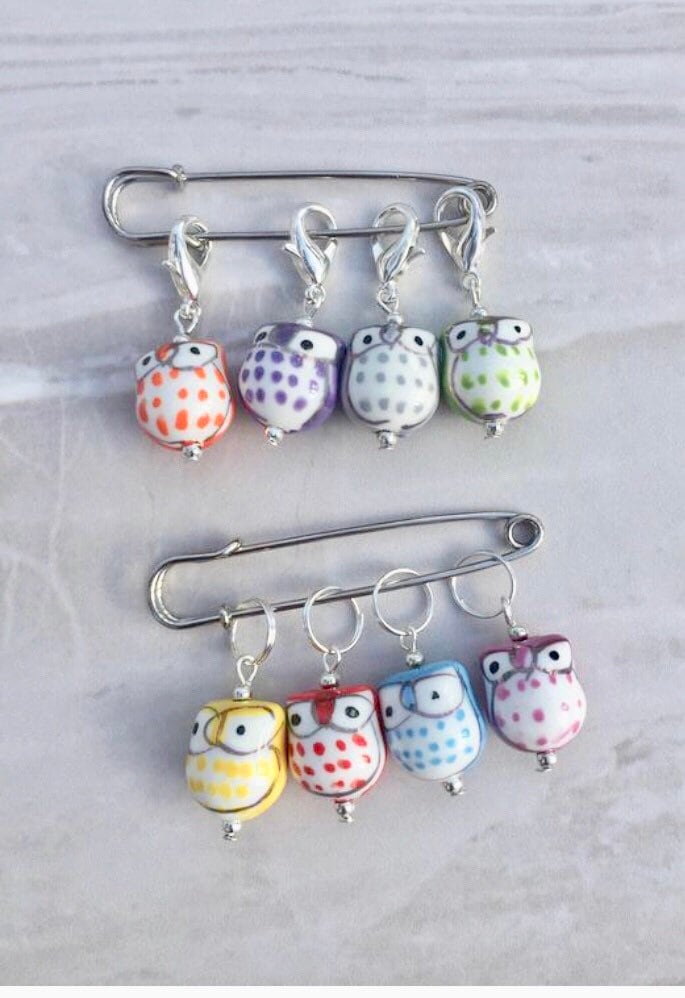Porcelain Owl Bead Stitch Markers, progress keepers for knitting and crochet, snag free, notions, gi