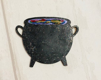 Sparkly Cauldron fridge magnet, wooden magnet, Halloween magnet, kitchen decor, Halloween decor, Halloween gift