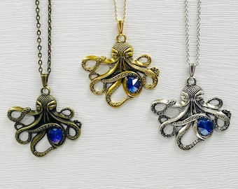 Octopus Steampunk Necklace, metal octopus with faceted glass blue heart, steampunk jewelry, large octopus, octopus pendant
