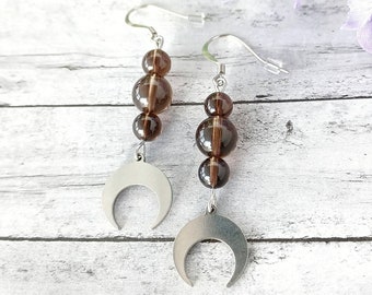 Smoky Quartz Crystal Moon Earrings, Stainless Steel Celestial Jewelry, Crescent Moon Lover Gift for Witches, Scorpio Zodiac Crystal