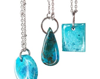 Shattuckite Chrysocolla Necklace, Blue Copper Mineral Pendant, Healing Crystal Jewelry, Boho Gemstone, Throat Chakra Crystal