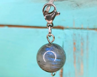 Blue Flash Labradorite Crystal Sphere Stainless Steel Charm for Charm Bracelet or Necklace, Key Chain Clip, Genuine Stone Jewelry For Women