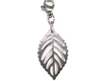 Leaf Shaped Stainless Steel Charm for Charm Bracelet or Necklace, Key Chain Clip, Nature Jewelry For Women or Men