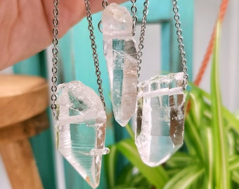 Raw Clear Quartz Crystal Point Necklace from Arkansas, Natural Layering Crystal Pendant for Women or Men, Large Stone Jewelry Gift