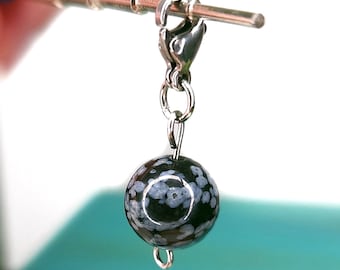 Snowflake Obsidian Crystal Sphere Stainless Steel Charm for Charm Bracelet or Necklace, Key Chain Clip, Genuine Stone Jewelry For Women