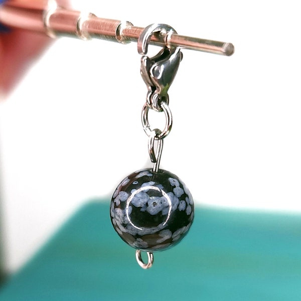 Snowflake Obsidian Crystal Sphere Stainless Steel Charm for Charm Bracelet or Necklace, Key Chain Clip, Genuine Stone Jewelry For Women