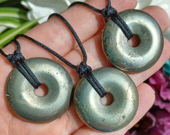 Natural Pyrite Crystal Necklace, Adjustable Pi Stone Donut Pendant for Men or Women, Leo Crystal Zodiac, Chakra Energy Layering Necklace