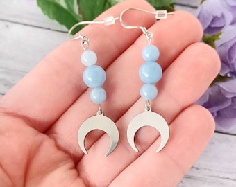 Angelite Crystal Moon Earrings, Stainless Steel Celestial Jewelry, Crescent Moon Lover Gift for Witches, Aquarius Zodiac Crystal