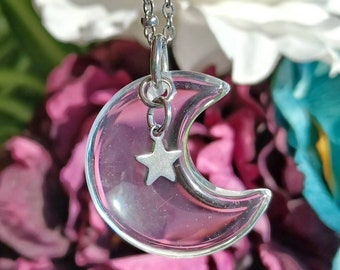 Clear Quartz Moon Necklace, Crescent Moon Crystal Necklace, Non Tarnish Stainless Steel Moon & Star, Celestial Jewelry, Moon Lover Gift