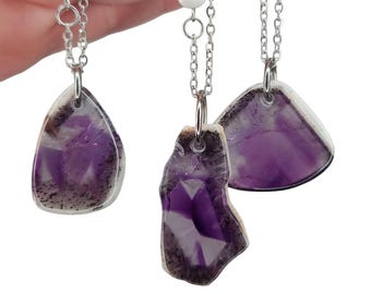 Trapiche Amethyst Necklace, Natural Amethyst Crystal Pendant with Howlite and Stainless Steel Bead Chain