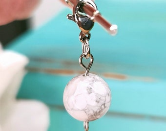 White Howlite Crystal Sphere Stainless Steel Charm for Charm Bracelet or Necklace, Key Chain Clip, Natural Stone Jewelry For Women