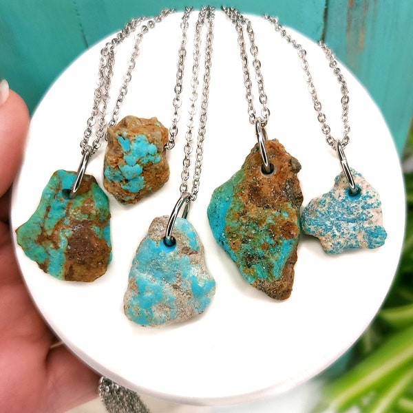 Raw Turquoise Necklace, Stainless Steel Nevada Turquoise Stone Pendant for Women or Men, Pisces Zodiac Stone, Natural Crystal Jewelry