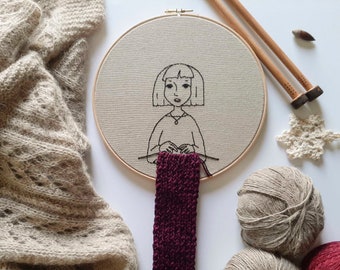 Girl who knits love knitting embroidery illustration, Knitters gift, Knitting mother grandma friend gift, Knitting scarf embroidery hoop art