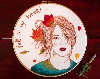 Embroidery illustration - gift for her - autumn mood - woman autumn illustration - embroidery wall art