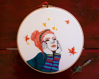 Daydream embroidery illustration, girl embroidery art, embroidery hoopart, embroidery art wallhanging, gingerhead woman girl illustration 9"