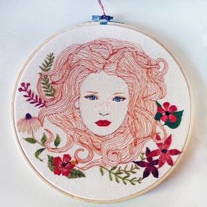Spring, floral embroidery illustration, woman embroidered portrait, whimsical embroidery, spiritual embroidery- 10&quot;embroidery illustration