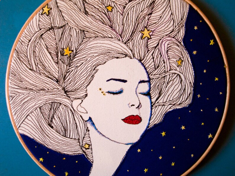 Night embroidery illustration woman hoop art wall hanging woman dreaming thread drawing modern embroidery boho gift for her bedroom decor image 2