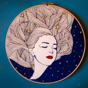 Night embroidery illustration woman hoop art wall hanging woman dreaming thread drawing modern embroidery boho gift for her bedroom decor image 1