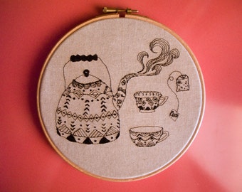 Teapot and Tea cups embroidery Best friend gift tea illustration Blackwork embroidery drawing Tea lover hoop art dining room tea boho decor