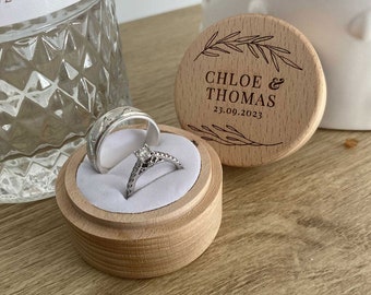 Wedding Personalized wooden ring box with names and date, engraved, etched, timber