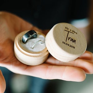 Wedding Personalized wooden ring box Mr and Mrs with Surname and date, engraved, etched, timber