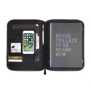 A4 Genuine Leather Personalized Portfolio Compendium with zipper, monogram BLACK