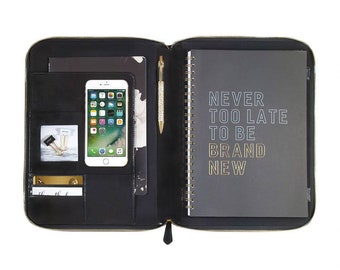 A4 Genuine Leather Personalized Portfolio Compendium with zipper, monogram BLACK