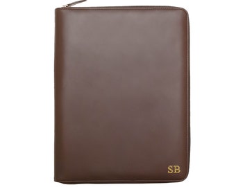 A4 VEGAN Leather Personalized Portfolio Compendium with zipper, monogram, personalised, initials BROWN