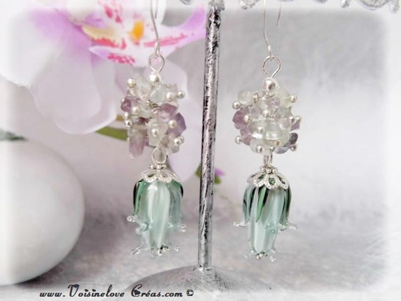 Earrings 925 sterling silver fluorite cluster beads Lampwork romantic wedding