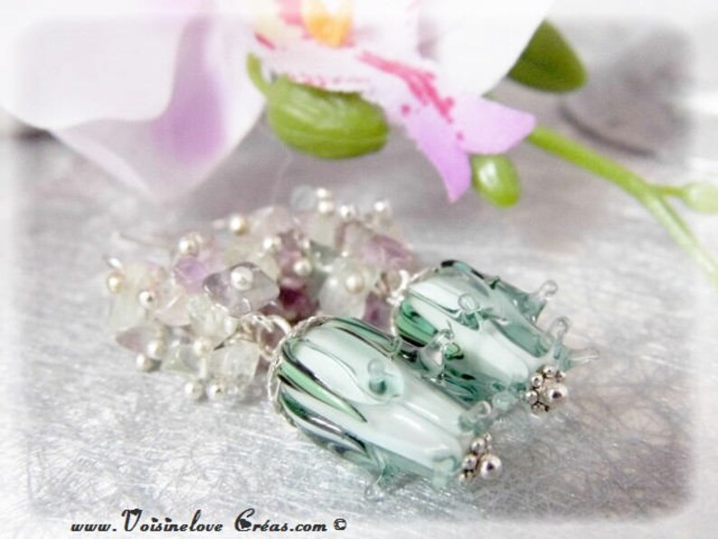 Earrings 925 sterling silver fluorite cluster beads Lampwork romantic wedding