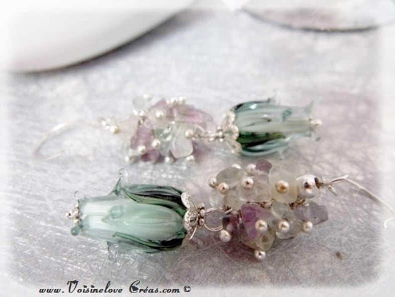 Earrings 925 sterling silver fluorite cluster beads Lampwork romantic wedding