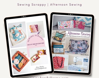 Könnte beinhalten: Zwei digitale Tablets, die E-Books für Nähprojekte anzeigen. Das linke Tablet zeigt "Sewing Scrappy: Make cute things with scrap fabric" mit Bildern einer Kordeltasche, einer kleinen Tasche und einer Stoffschale. Das rechte Tablet zeigt "Afternoon Sewing: 6 Sewing Patterns to sew in an afternoon" mit Bildern einer Umhängetasche, einer Geldbörse und einer Tragetasche.