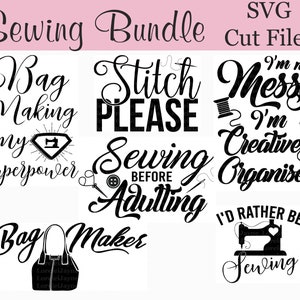 Puede incluir: Un conjunto de 6 archivos de corte SVG en blanco y negro para proyectos de costura. Los diseños incluyen "Bag Making is my Superpower", "Stitch Please", "I'm not Messy I'm Creatively Organised", "Sewing Before Adulting", "Bag Maker" y "I'd Rather Be Sewing".