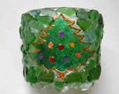 Christmas small green candle holder Holiday decor Sea glass vase centerpiece Green seaglass decoration Candlestick Modern dinner table decor