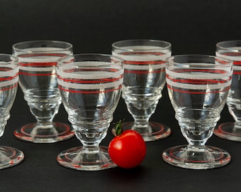 VINTAGE six vintage shot glasses, small stem glass, art deco shot glass, Boom frosted glass, Belgian liqueur glasses. Details in DESCRIPTION