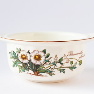 May include: White ceramic soup bowl with a brown rim and a floral design featuring white flowers and green leaves. The text "Ranunculus glaber" is printed on the side of the bowl.