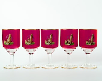 VINTAGE set of five pink tower of Pisa liqueur glasses, small magenta stem glasses, small Pisa souvenir shot glasses. Details -> DESCRIPTION