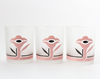 VINTAGE set of three frosted Italian art deco style glasses, frosted Cerve Italy tumblers, pink soft drinks glasses. Details -> DESCRIPTION