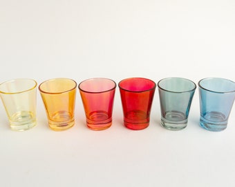 Set of six small coloured glasses, rainbow glasses, iridescent colored glasses, rainbow shot glasses, red glasses, blue glass, yellow glass