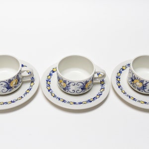 Three Villeroy & Boch Cadiz espresso cups and saucers, Villeroy Boch Luxembourg blue porcelain small mocha cup and saucer fruit decor Reuter