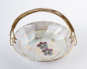 VINTAGE small porcelain dish with metal handle, iridescent bowl with flower decoration, mid-century serving dish. Details -> DESCRIPTION