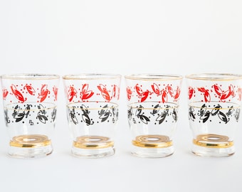 Set of four cute small drinking glasses, liqueur glasses, rare mid-century water glass, tumblers, decorated shot glass, red and black glass