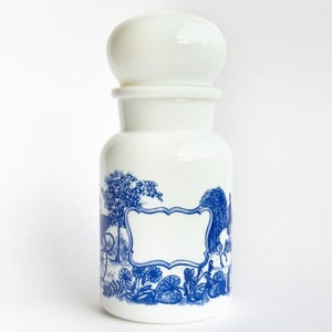 Frasco de boticário belga, frasco de boticário de vidro branco leitoso, frasco opalino, frasco de especiarias branco e azul, recipiente de vidro branco, cena vitoriana